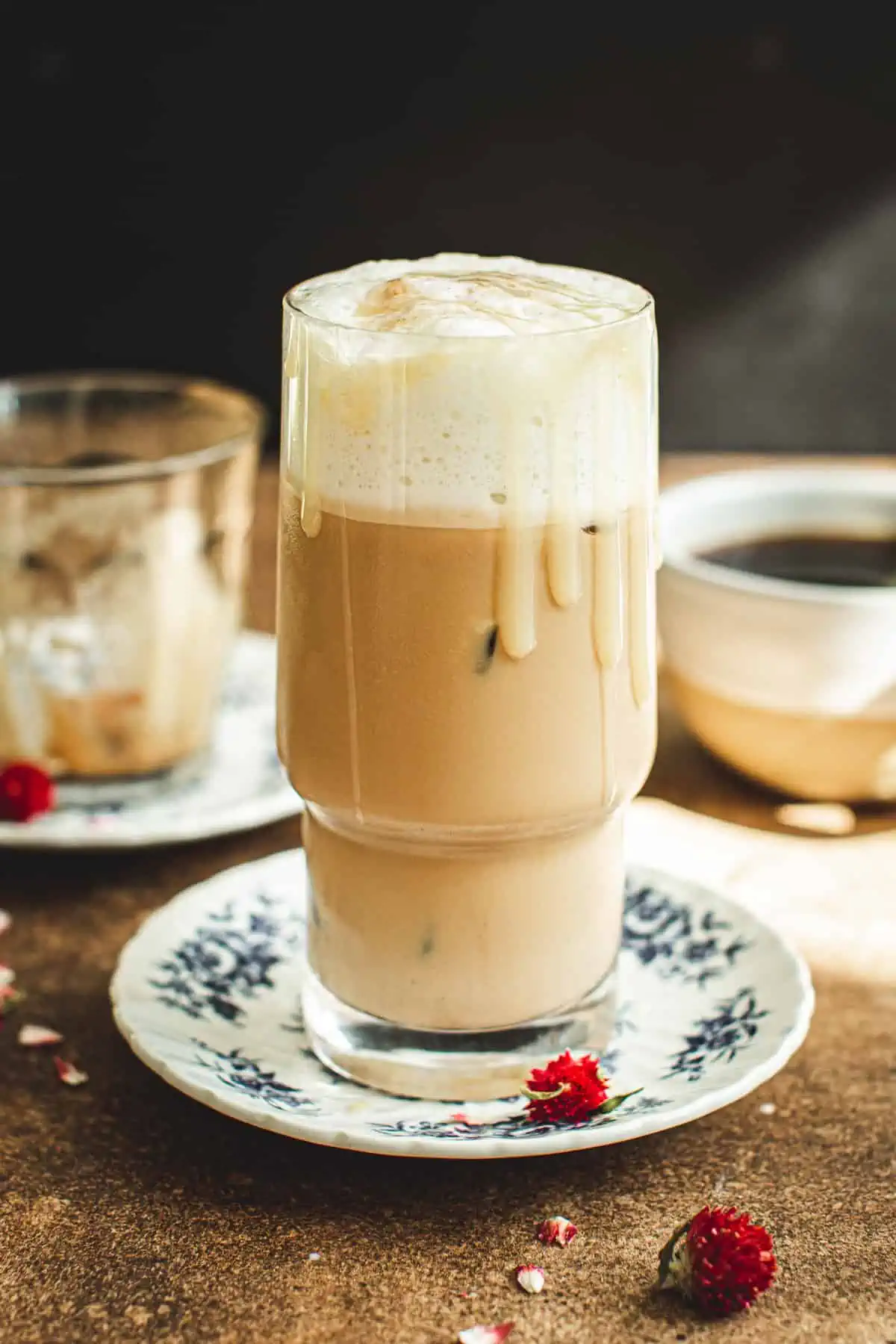 Iced white chocolate mocha in a tall glass.