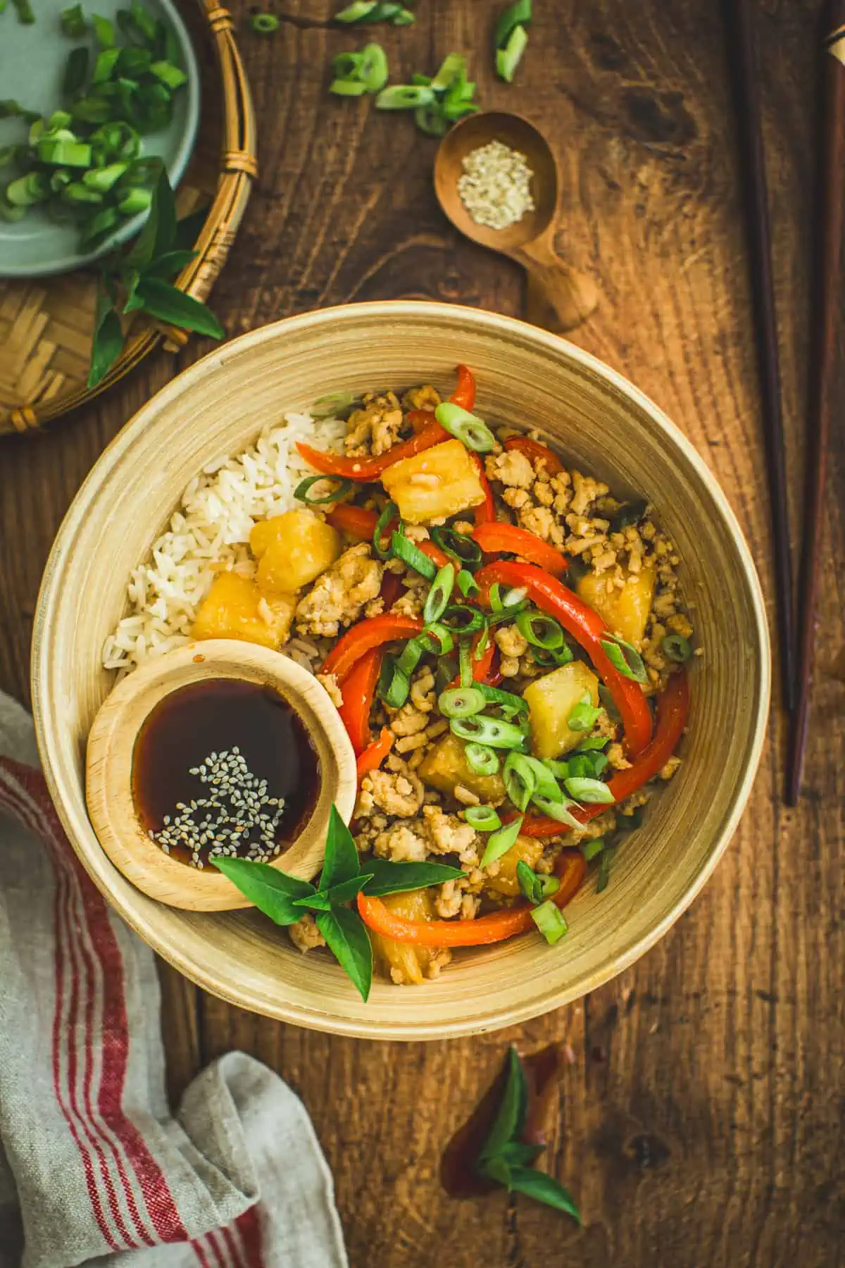 Pineapple teriyaki chicken over rice.