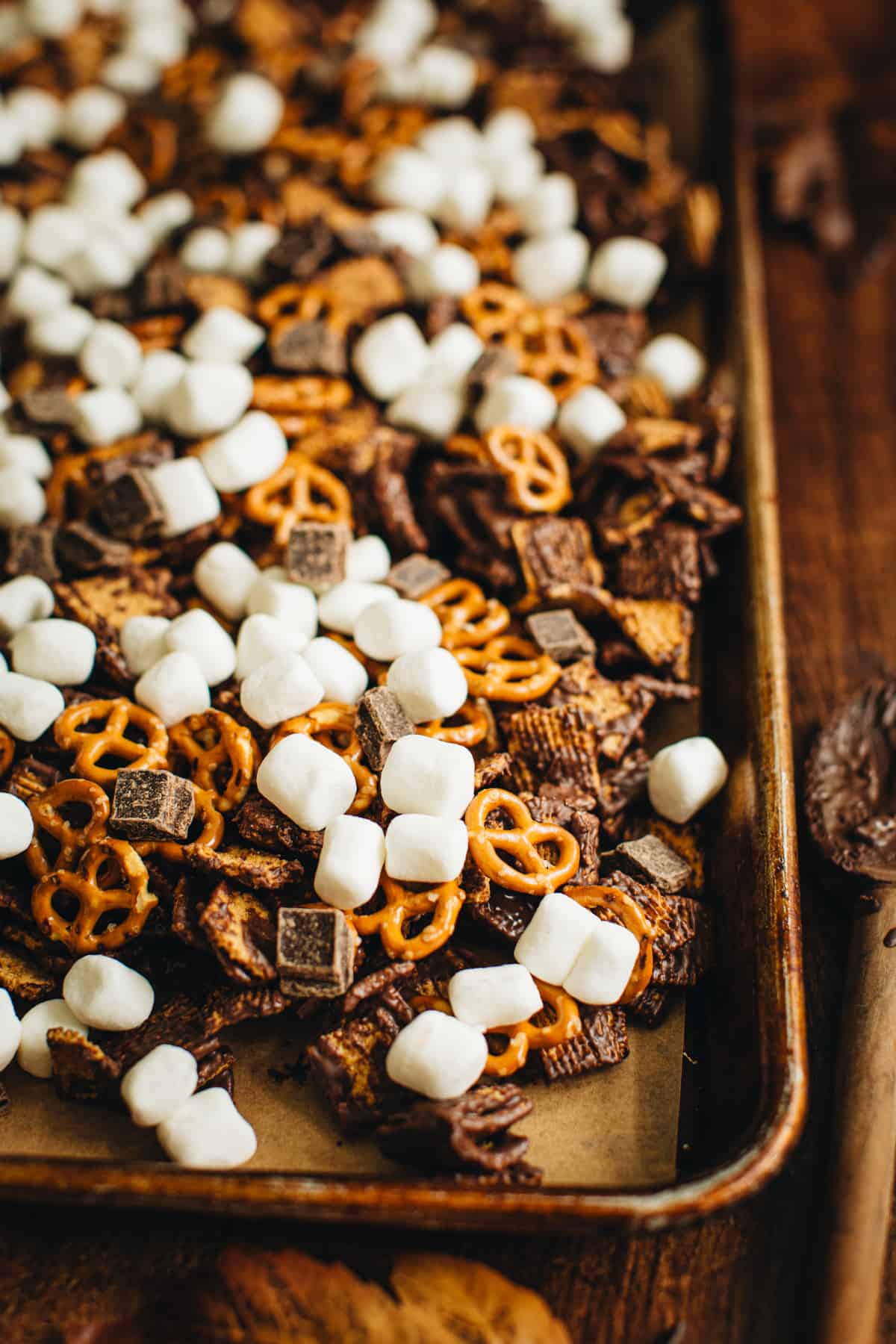 S'mores part mix on a tray.