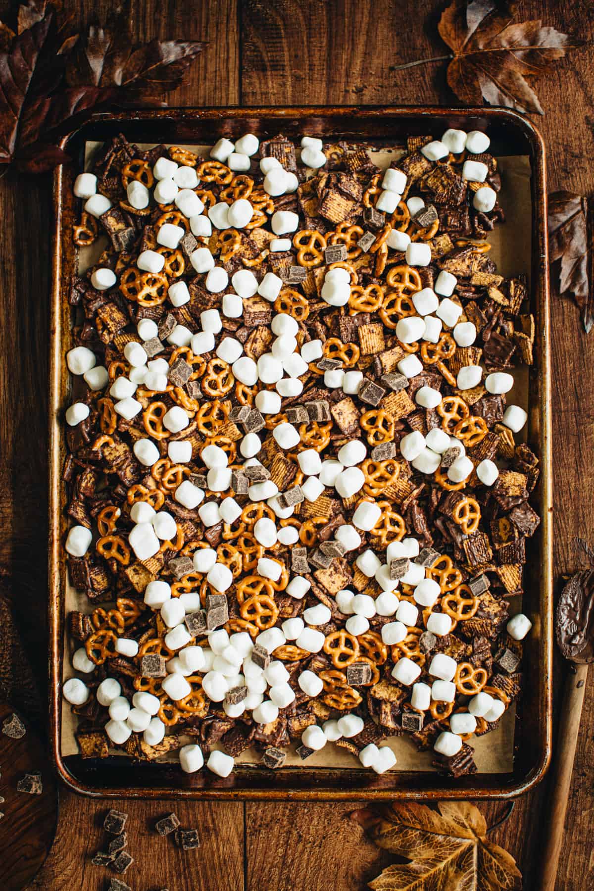 S'mores snack mix on a tray.