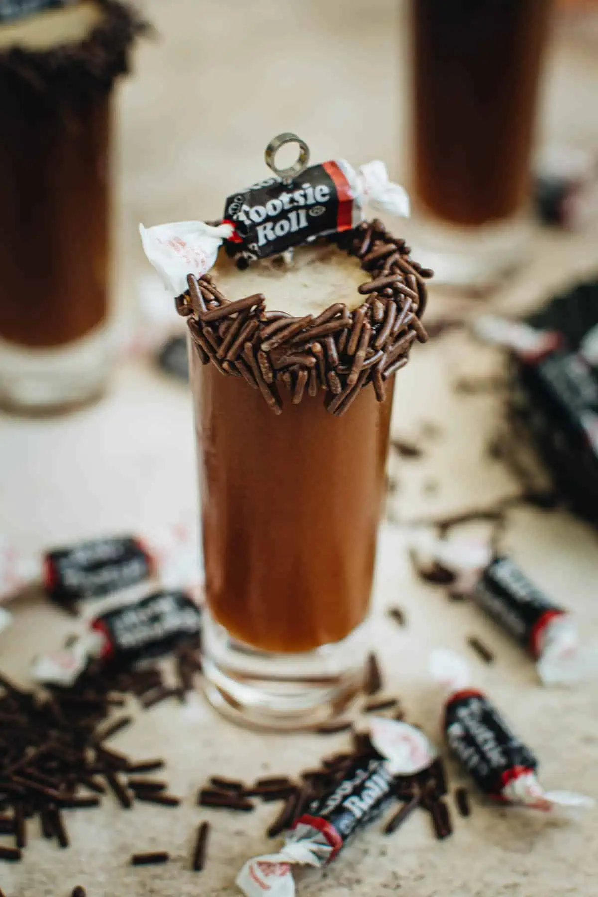 Tootsie Roll shot with sprinkles.