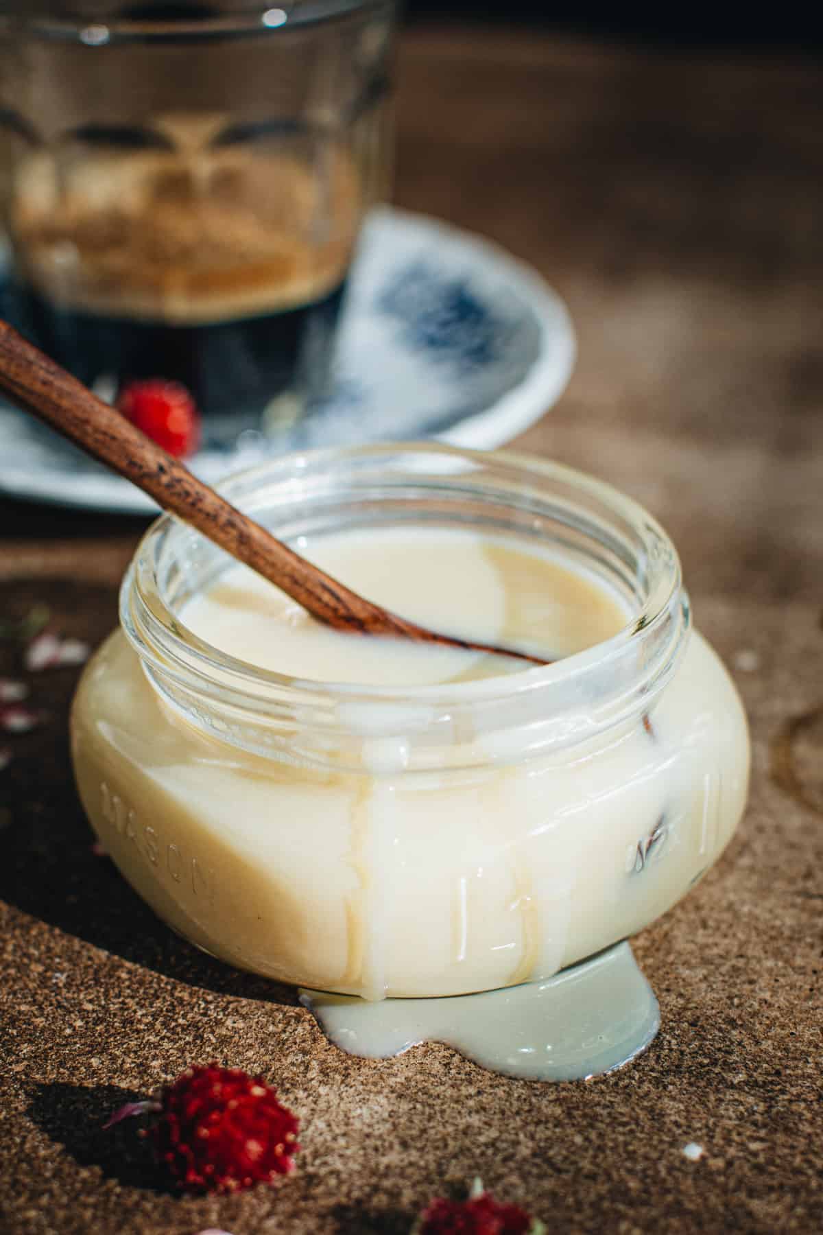 White chocolate syrup in a jar.