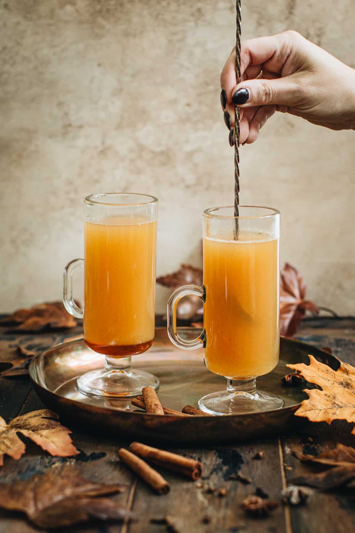 Stirring the apple cider mixture for an Apple Cider Hot Toddy.