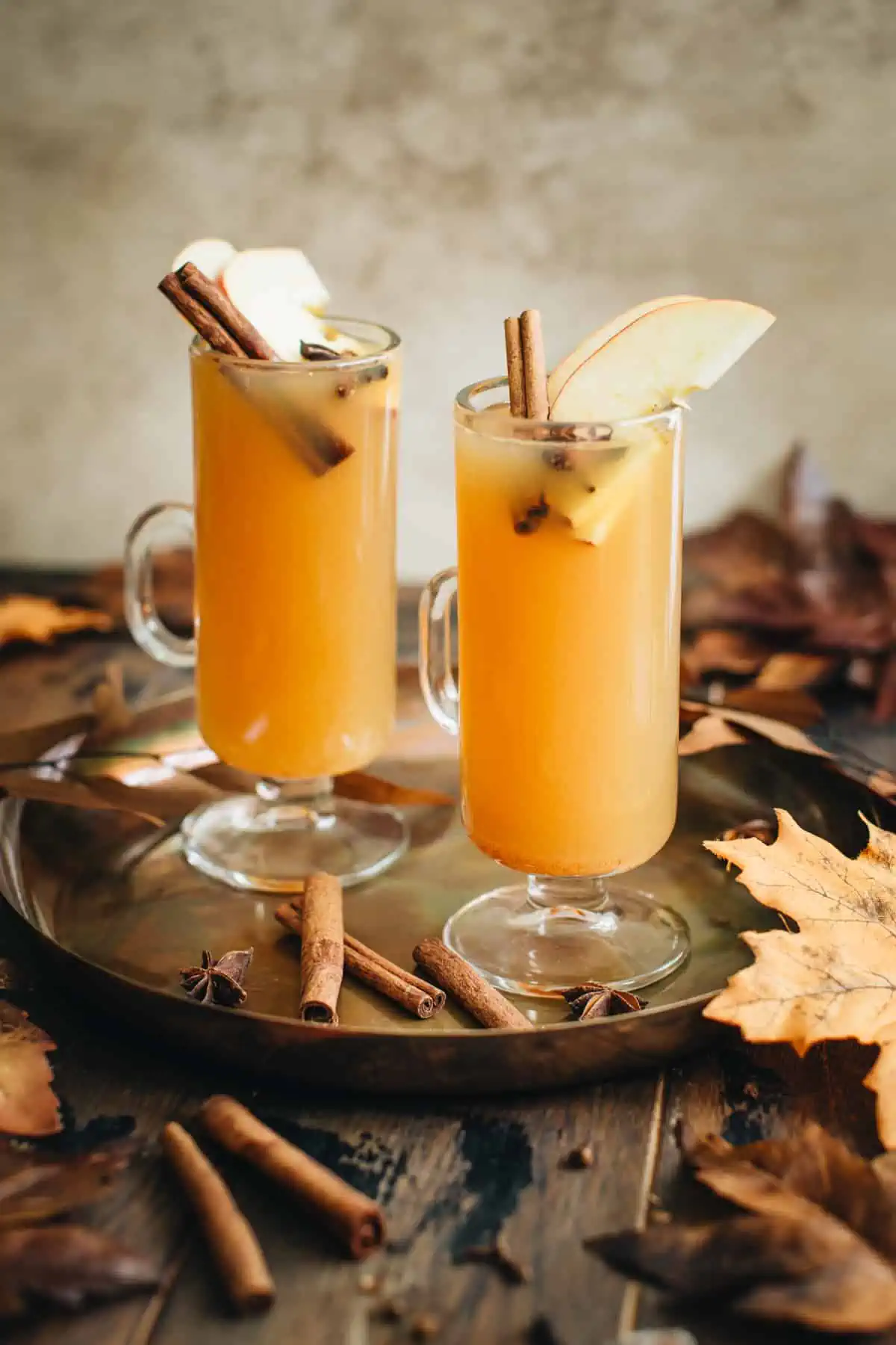 Two Apple Cider Hot Toddy cocktails in tall glass coffee mugs topped with apple slices, cinnamon sticks, and star anise.