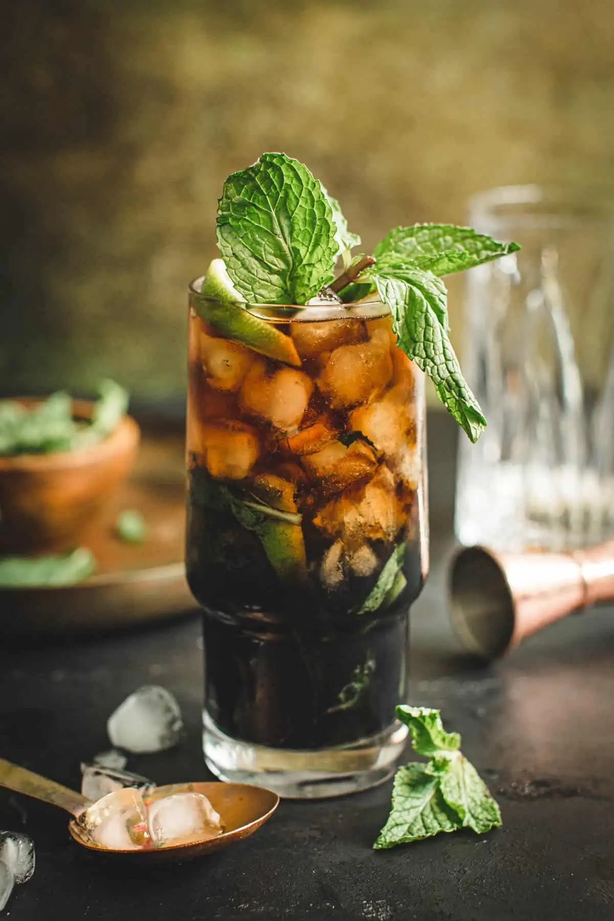 Black mojito with mint leaves for garnish.