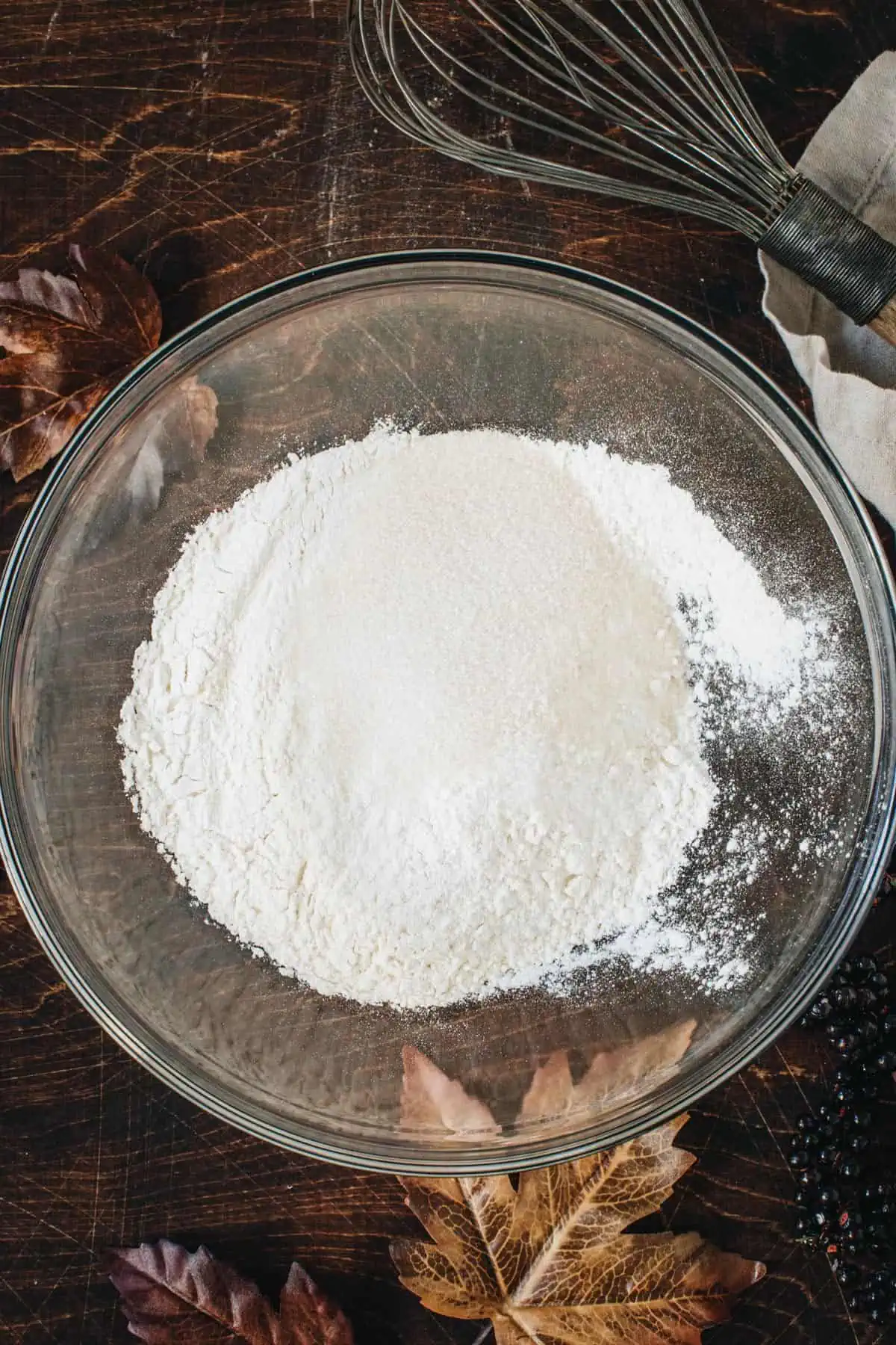 Whisked flour, sugar, and salt for the Chocolate Tart pie crust.