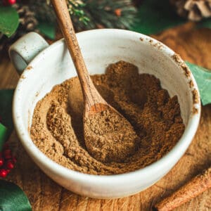 Gingerbread spice in a coffee mug with a wooden spoon.