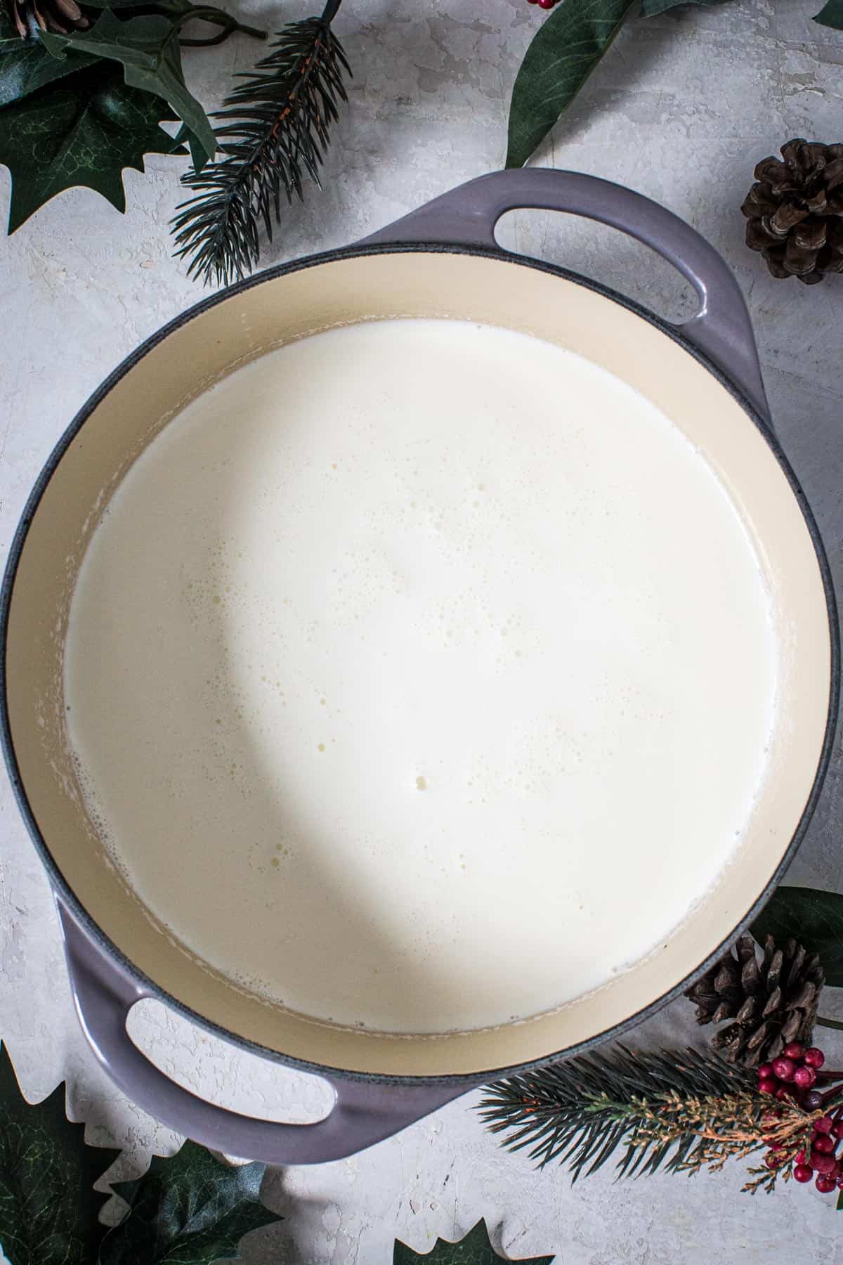 Milk, cream, salt, and nutmeg in a large pot for making homemade eggnog.