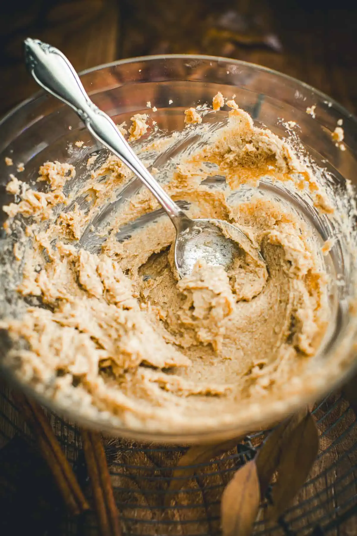 Spiced butter in a mixing bowl for making hot buttered rum.