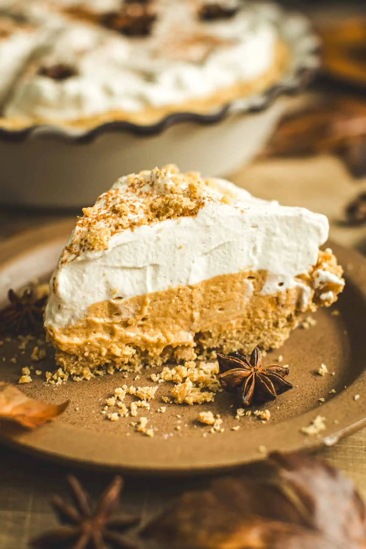 Slice of no-bake pumpkin pie with graham cracker crumbs and cinnamon sprinkled on top.