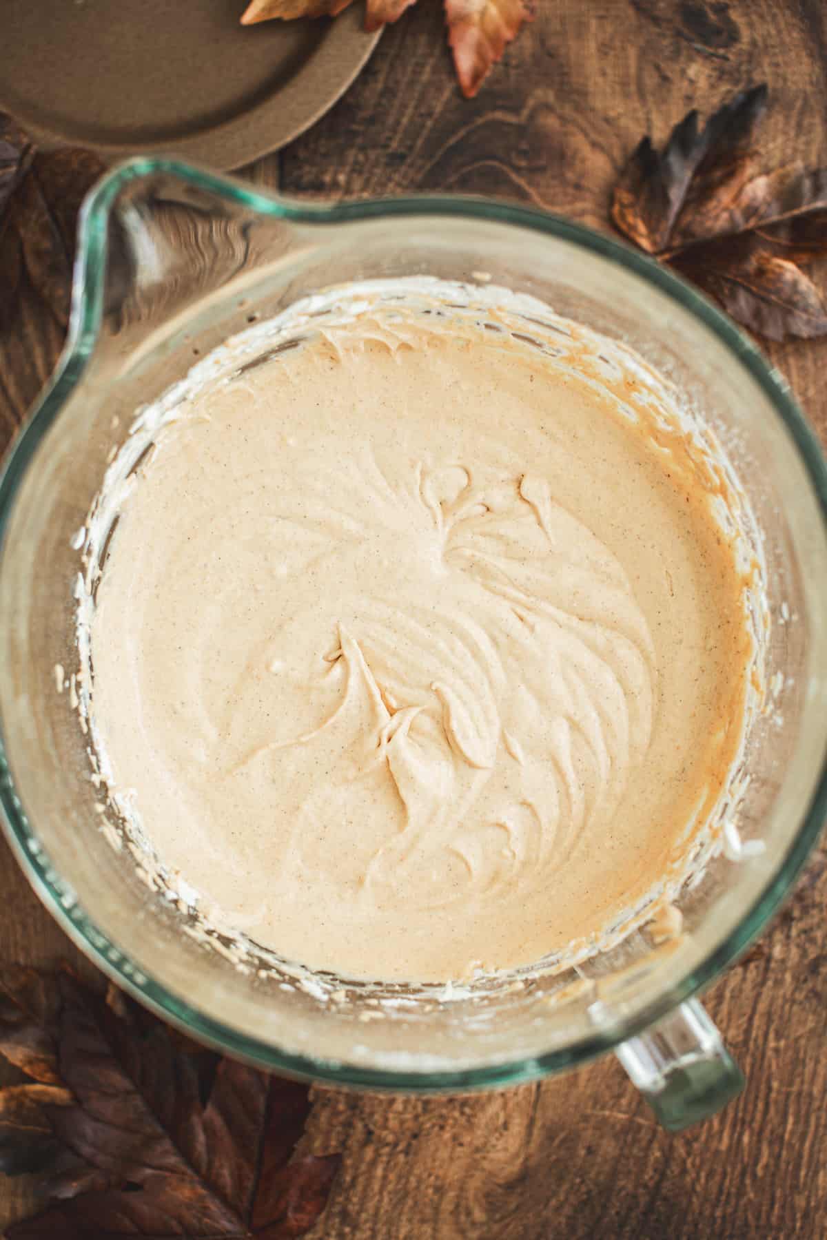 Prepared pumpkin dip in a mixing bowl.