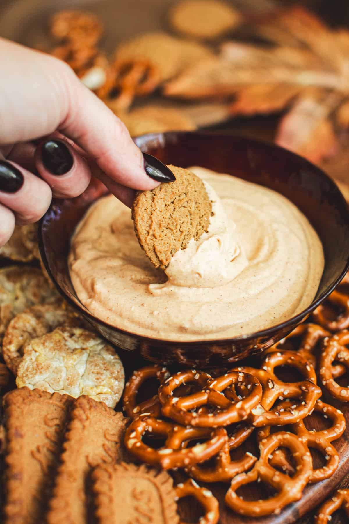 Dipping a gingersnap into pumpkin dip.