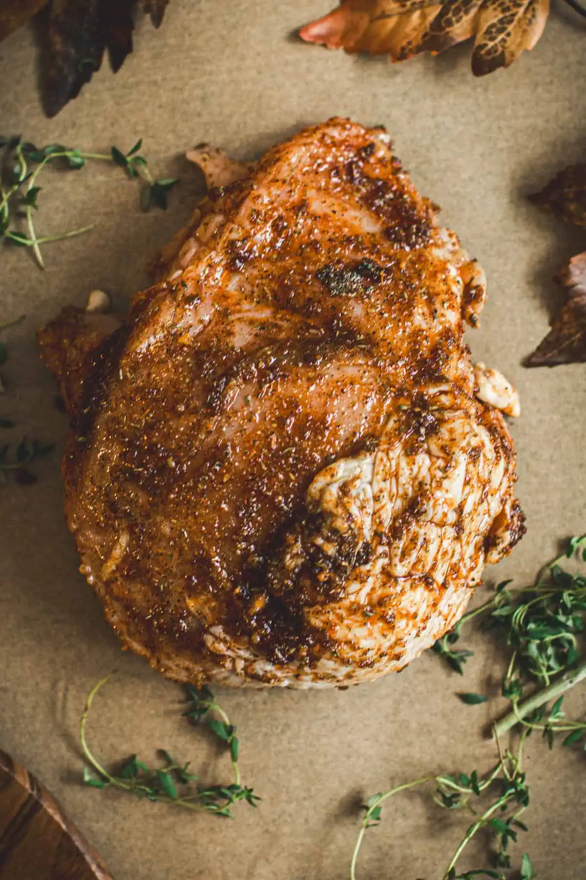 Turkey breast coated in rub mixture.