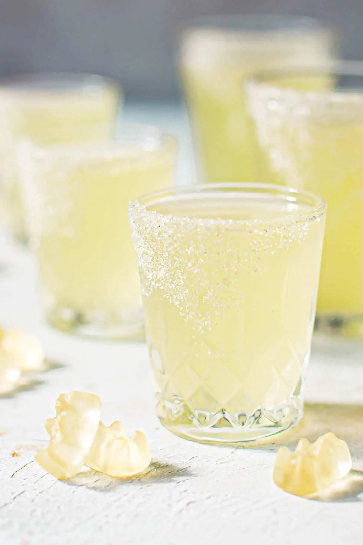 White gummy bear shots in shot glasses.