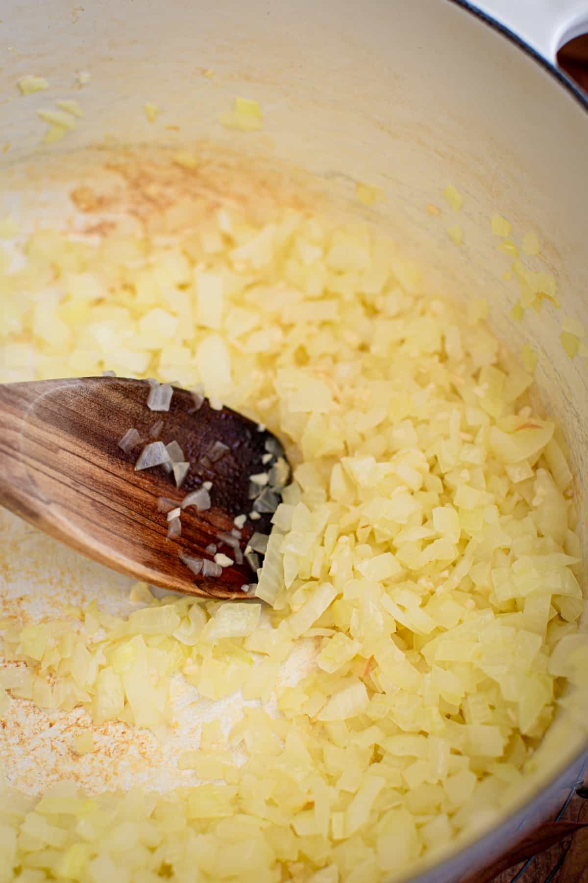 Sautéed onions and garlic for making white turkey chili.