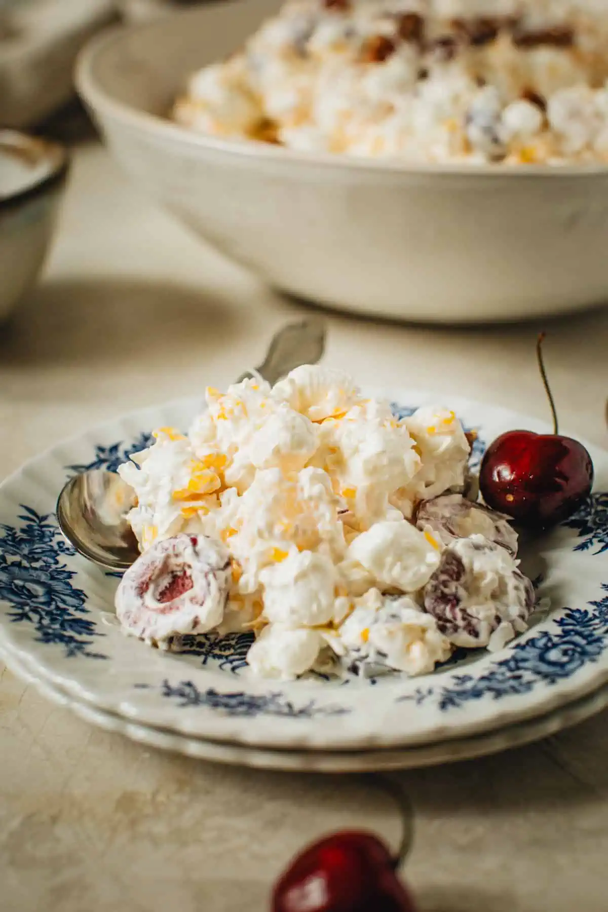 Ambrosia fruit salad on a plate ready to eat.