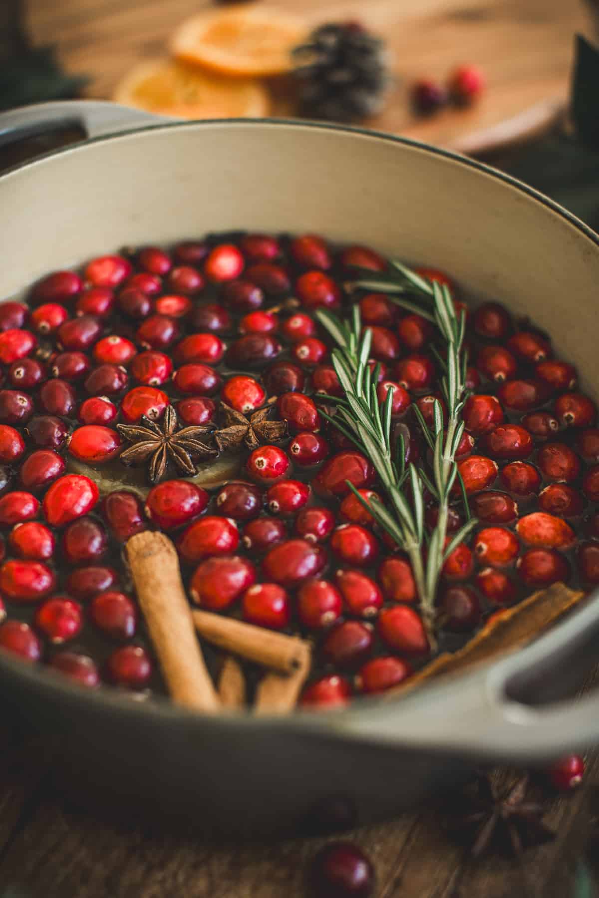 Pot filled with water and Christmas potpourri ready to be put on the stove for simmering.