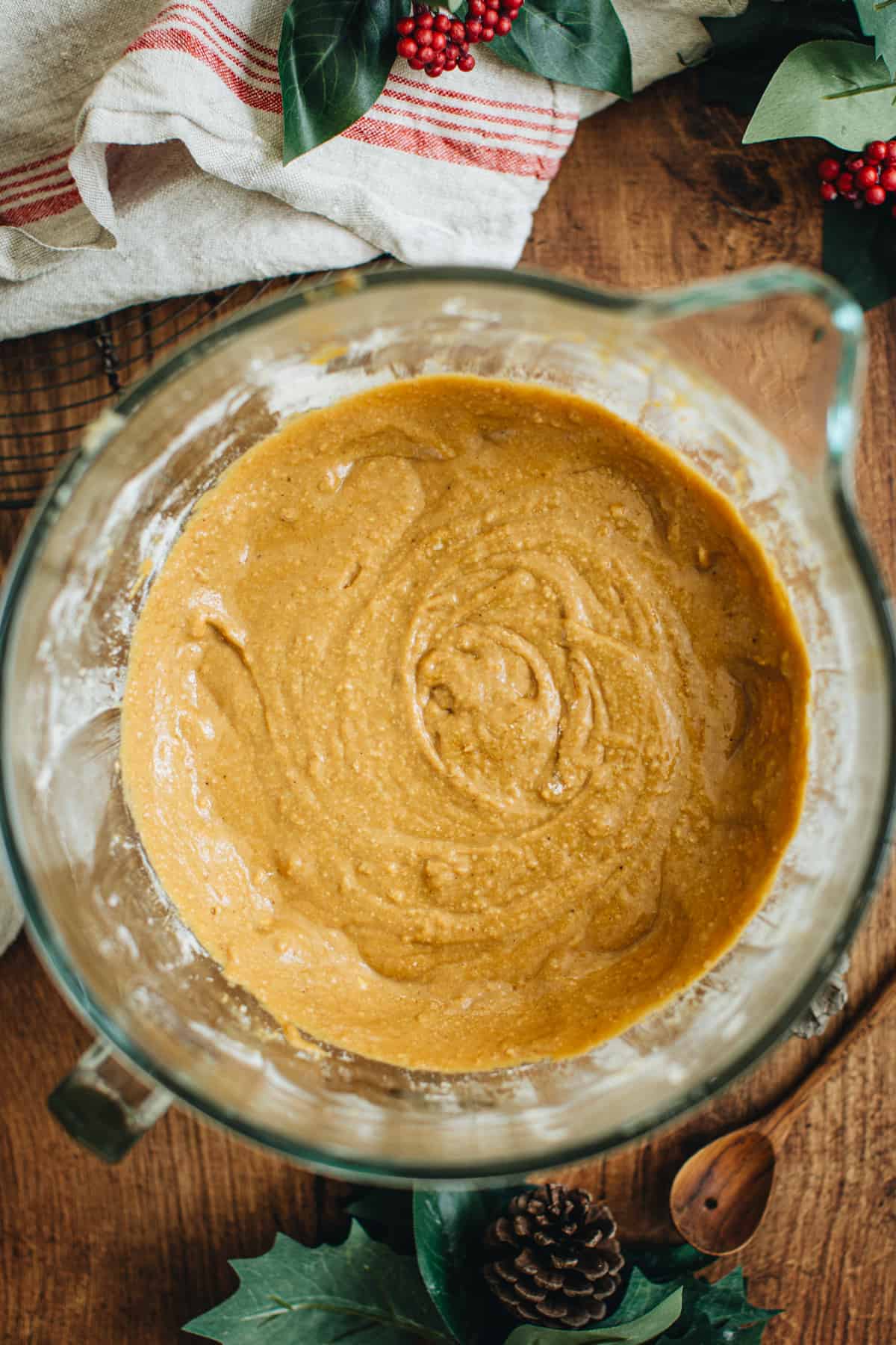 Gingerbread loaf batter in a mixing bowl.