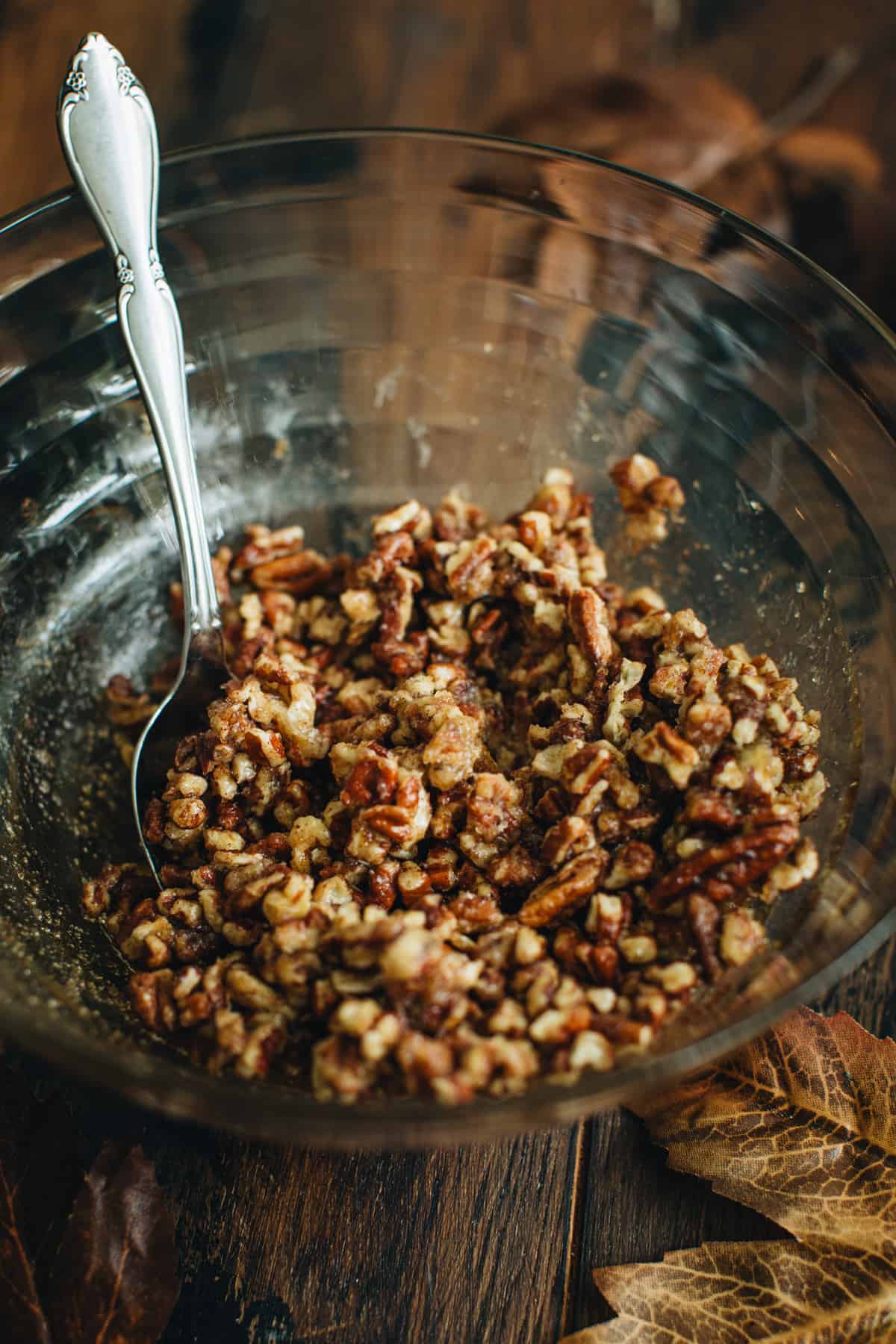 Pecan topping for in a mixing bowl for making healthy sweet potato casserole.