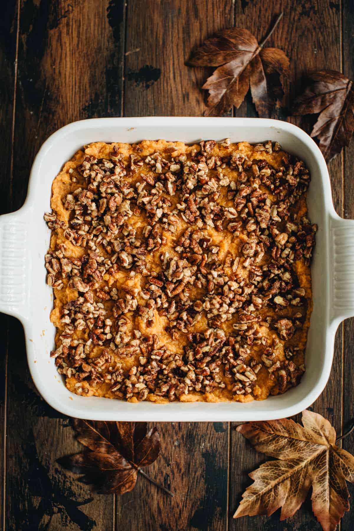 Unbaked healthy sweet potato casserole ready to go in the oven.