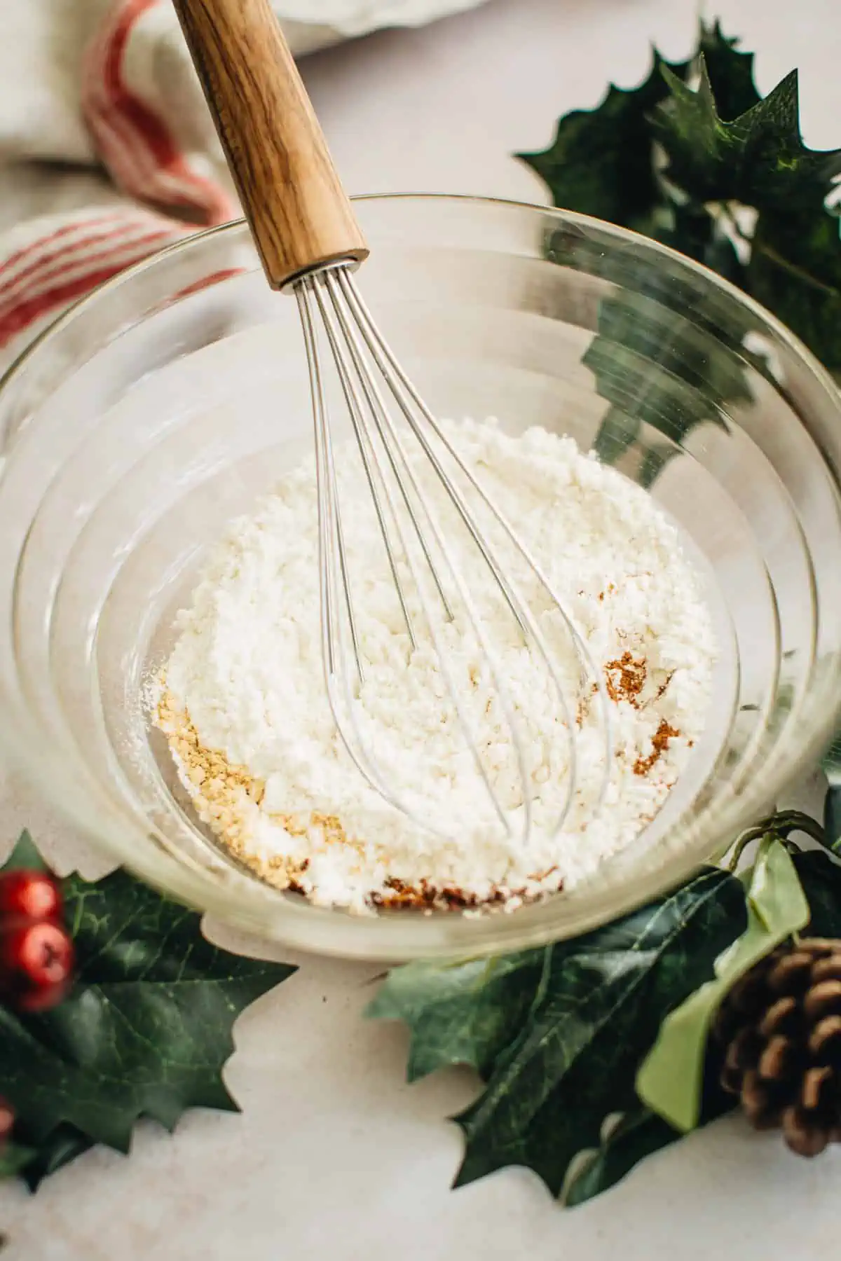 Dry ingredient mixture in a mixing bowl for making Molasses Crinkle Cookies.