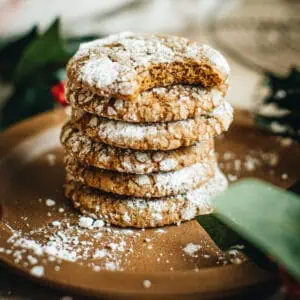 Stack of Molasses Crinkle Cookies on a brown plate with a bite taken out of the top cookie.