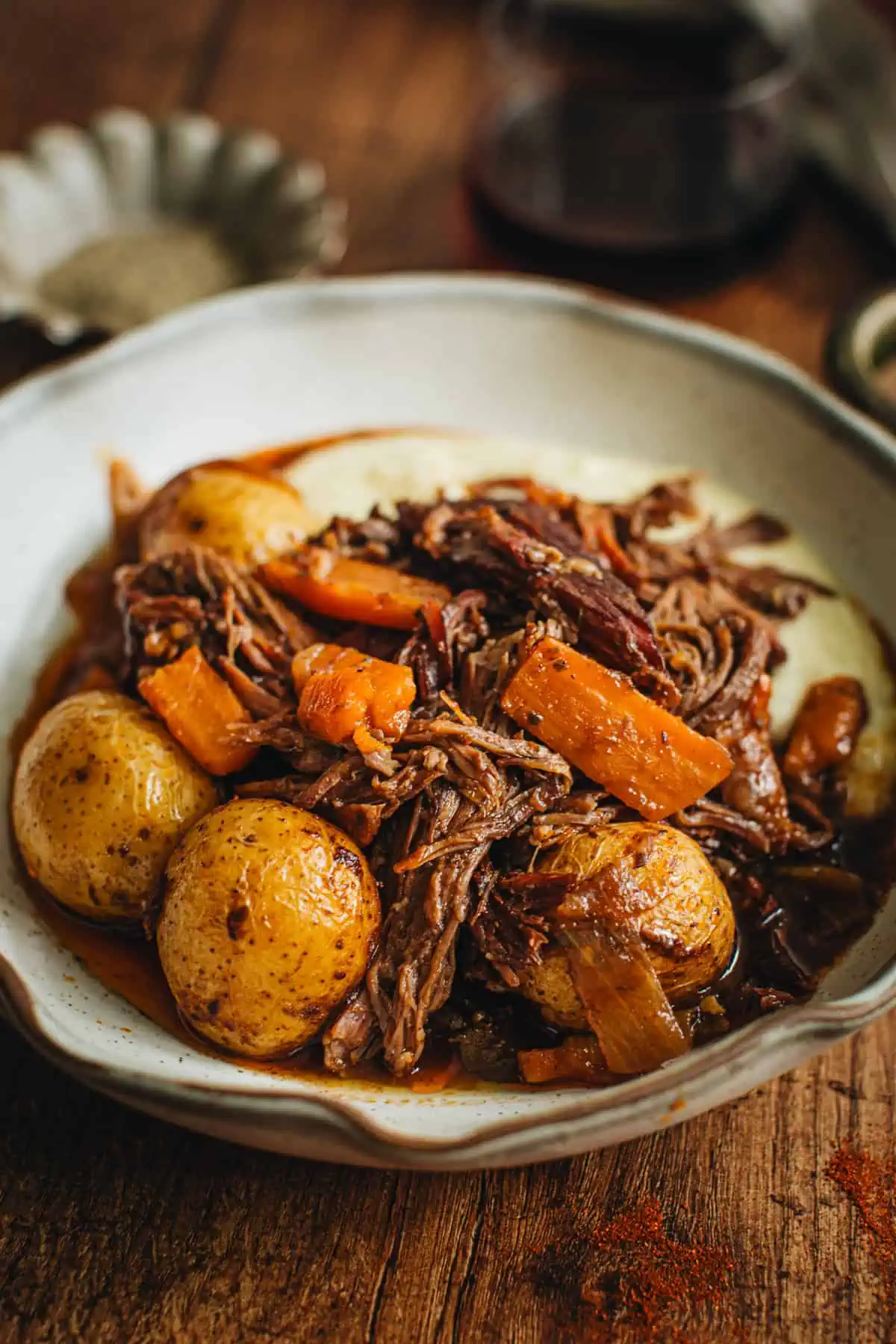 Pot roast over mashed potatoes.