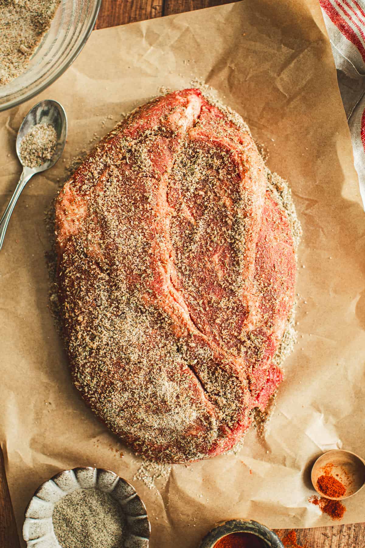 Pot roast covered in pot roast seasoning.