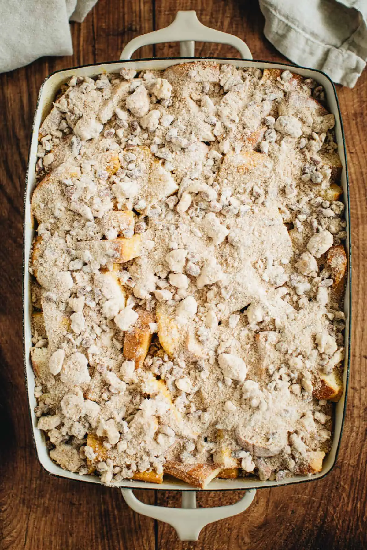 Unbaked Pumpkin French Toast Casserole ready to go in the oven.