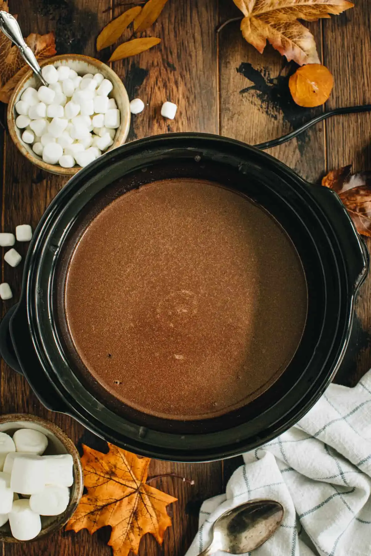 Pumpkin spice hot chocolate in a slow cooker ready to serve.
