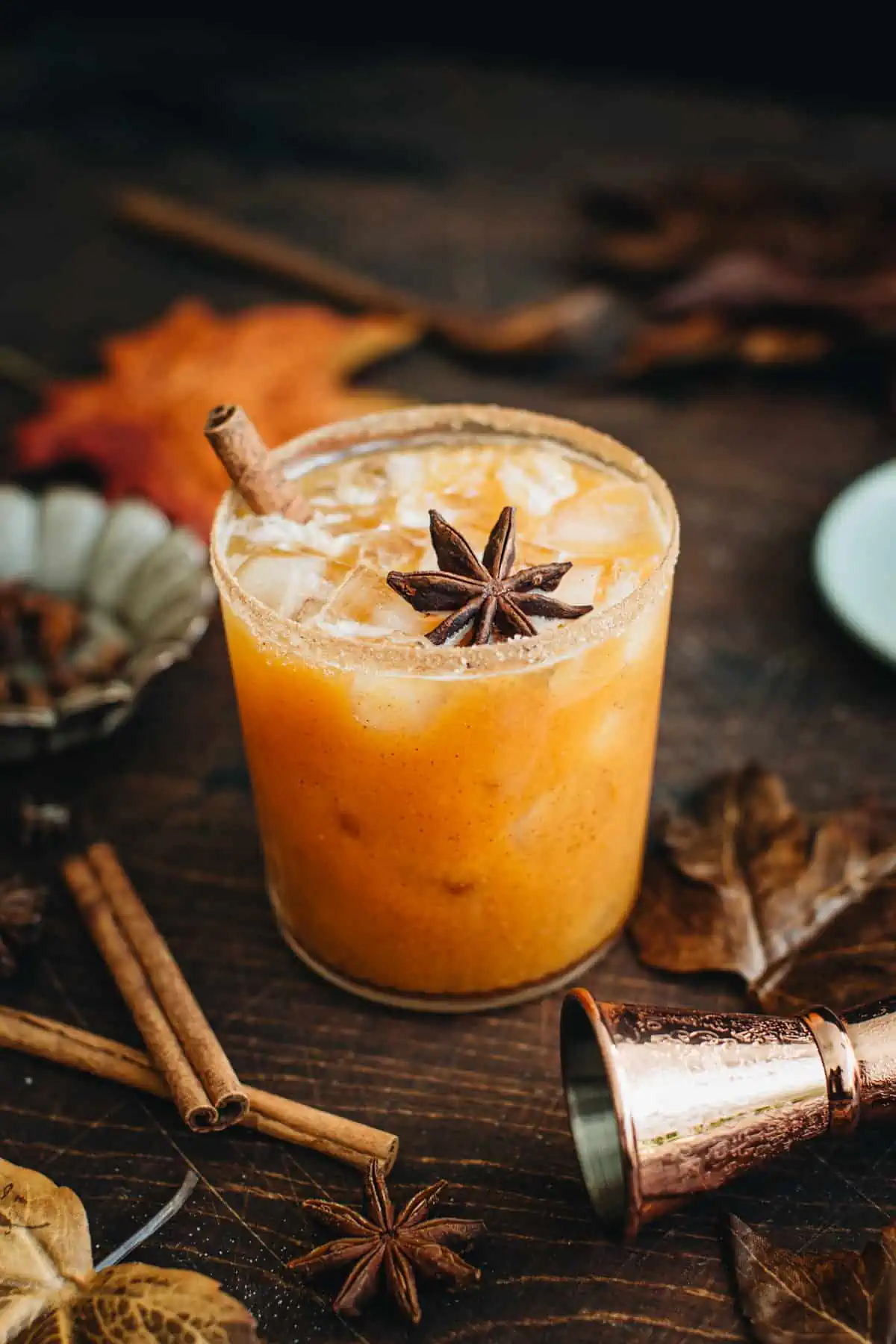 Pumpkin Spice Margarita with a cinnamon stick and star anise for garnish.