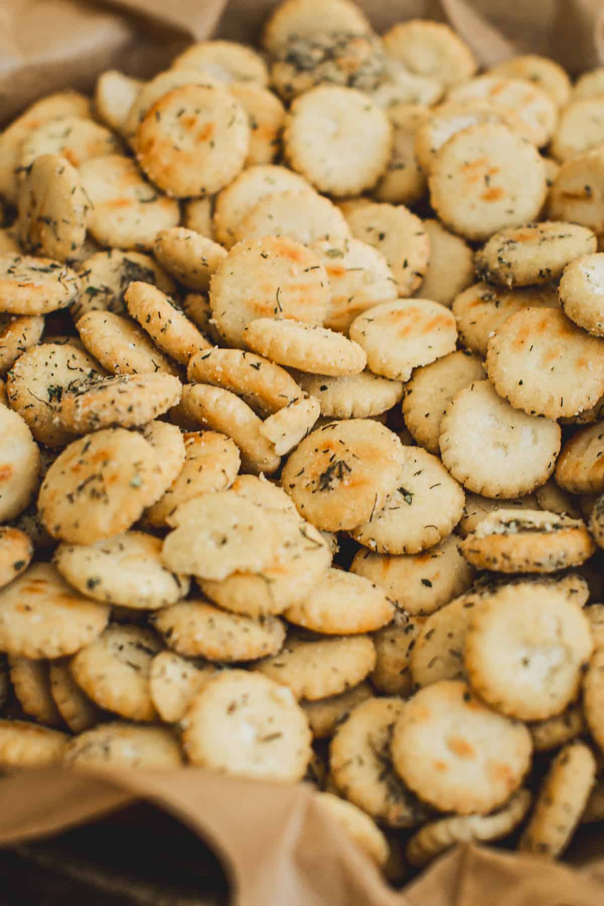 Ranch oyster crackers in a tin pan.