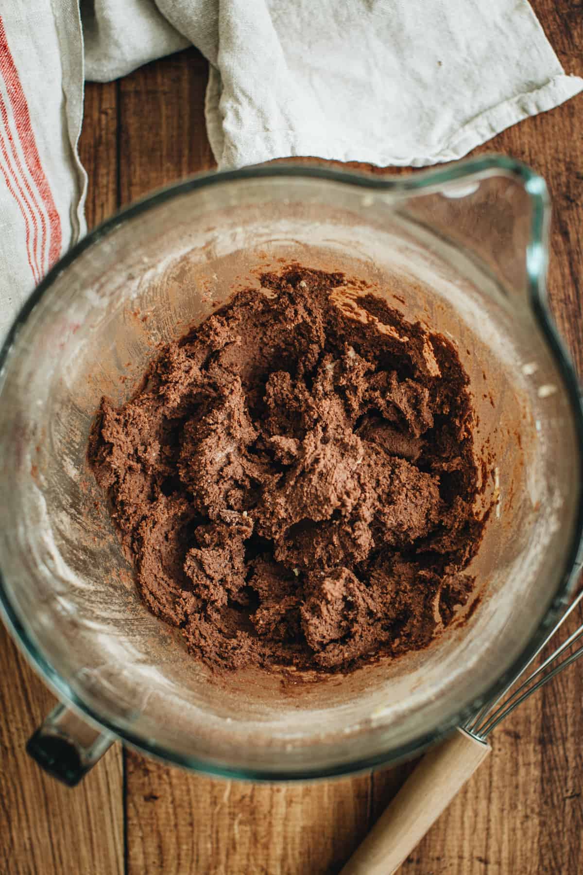 Turtle cookies batter in a mixing bowl.