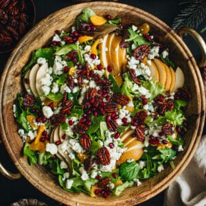 Christmas salad in a wooden bowl.