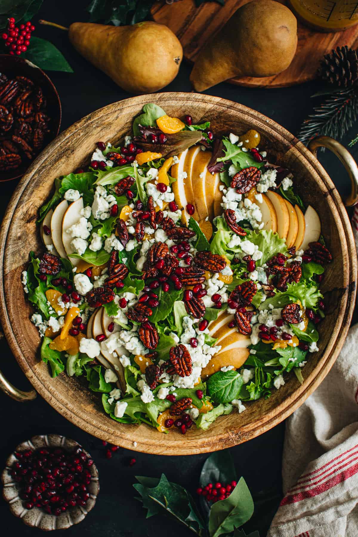 Christmas salad in a wooden bowl.