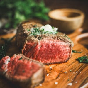 Sliced pan-seared filet mignon.