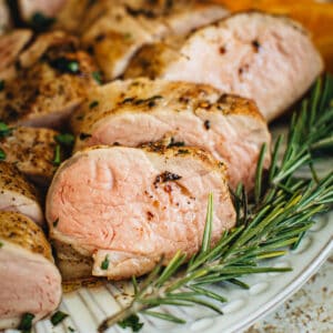 Sous vide pork tenderloin sliced.