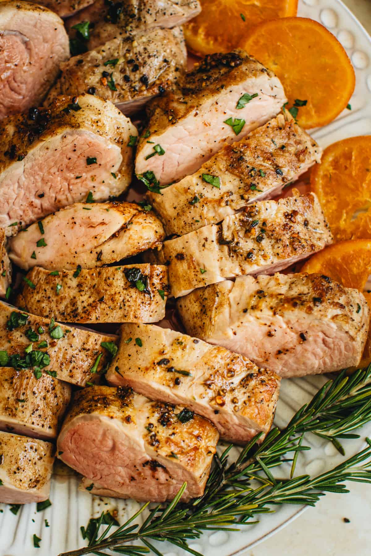 Sliced pork tenderloin made with a sous vide.