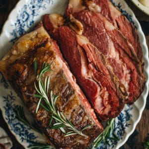 Sliced sous vide prime rib topped with fresh rosemary on an oval serving platter.