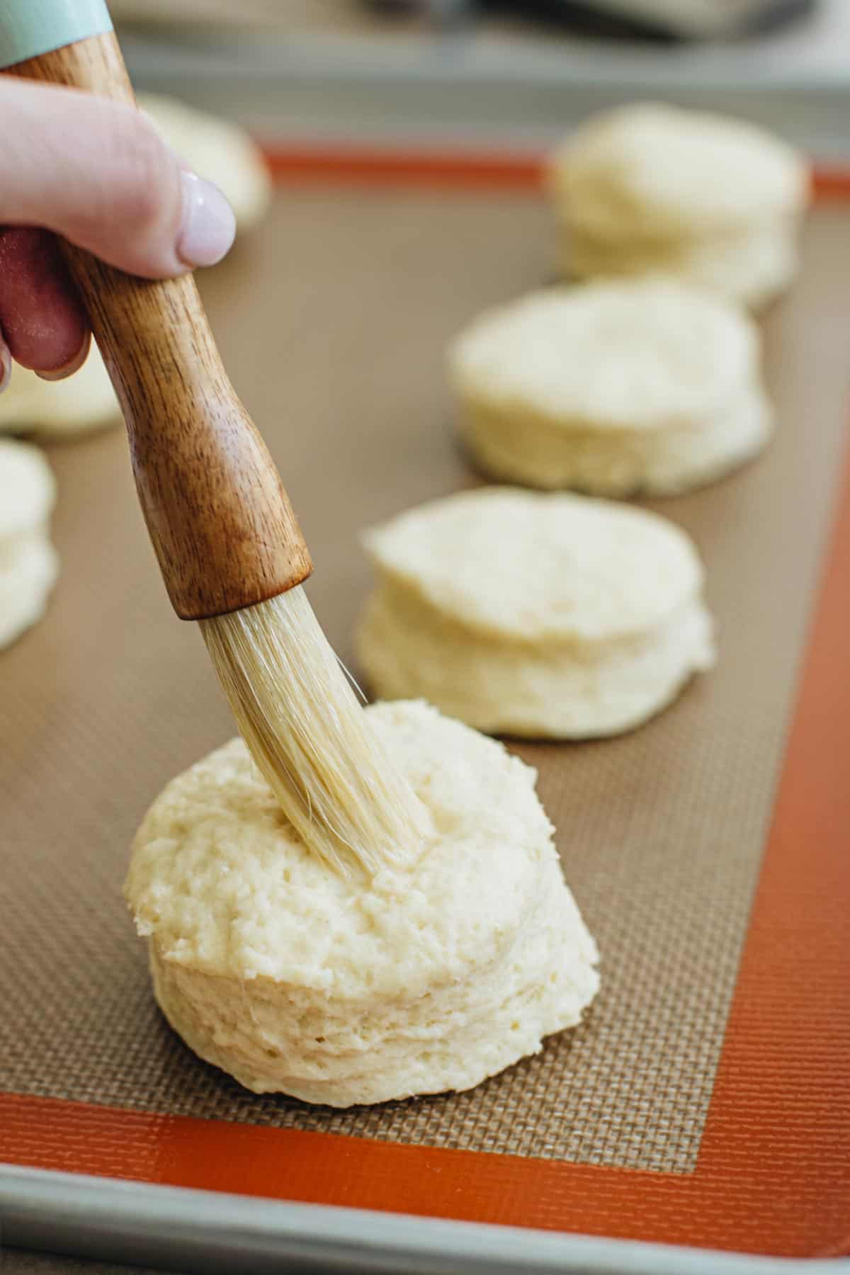 A pastry brush brushing an egg wash on top of the dough for English scones.