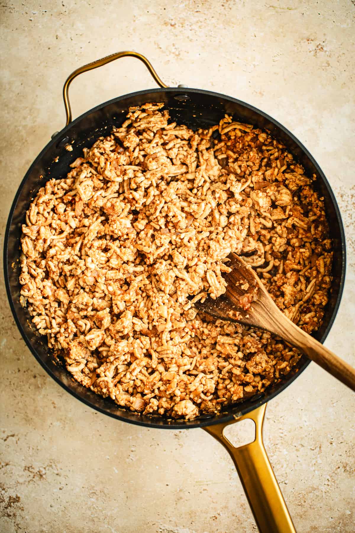 Ground chicken taco meat in a skillet ready to make ground chicken tacos.