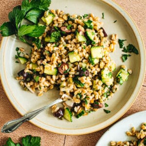 Farro Salad on a beige plate with fresh parsley for garnish.